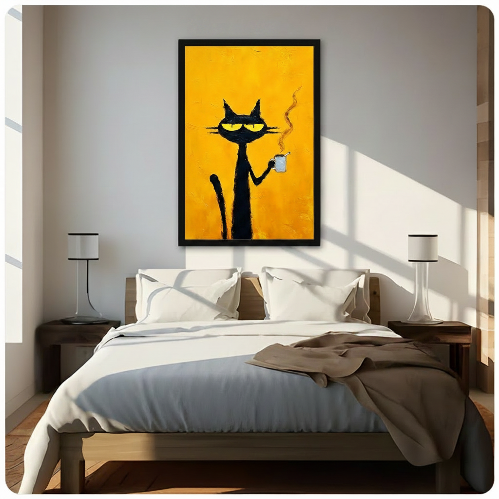 Framed expressive black cat canvas wall art with glowing yellow eyes holding a hot coffee mug on a bold amber yellow oil-paint background, above a bed with white linen bedding, a taupe throw blanket, dark wood nightstands, potted plants and sleek white table lamps in a sunlit bedroom