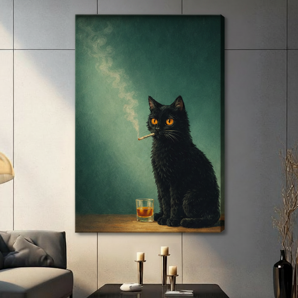 Stretched canvas moody oil painting black cat with whiskey and cigarette wall art featuring a wild-furred shaggy black cat with piercing glowing amber eyes seated with a lit cigarette in its mouth and a glass of amber whiskey on the surface beside it with a delicate smoke wisp curling upward against a rich deep teal green atmospheric background in old master oil-paint style, hung on a gray panel wall above a dark gray sofa