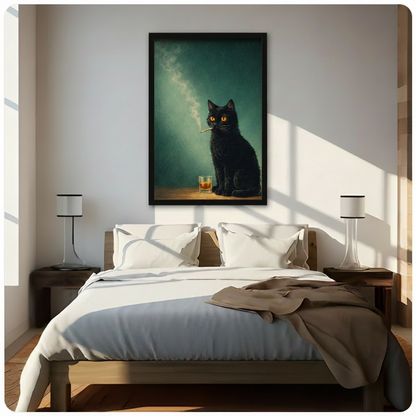 Black framed moody oil painting black cat with whiskey and cigarette canvas art with a fluffy shaggy black cat with piercing glowing amber orange eyes sitting upright with a lit cigarette dangling from its mouth and a glass of golden whiskey beside it with a delicate smoke wisp curling upward against a deep atmospheric teal green oil-painted background, hung above a dark wood bed with white linen bedding in a sunlit bedroom