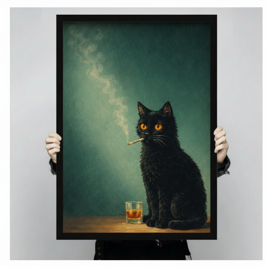 Hands holding a large black framed moody oil painting black cat with whiskey and cigarette canvas art print with a shaggy wild-furred black cat with intense glowing amber eyes seated with a lit cigarette in its mouth and a glass of golden amber whiskey on the surface beside it with a wispy smoke curl rising against a rich deep teal green atmospheric oil-painted background