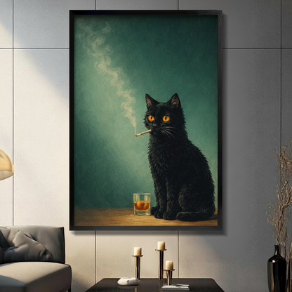 Black framed moody oil painting black cat with whiskey and cigarette canvas art with a fluffy shaggy black cat with intense glowing amber orange eyes sitting upright with a lit cigarette dangling from its mouth and a glass of golden whiskey on the table beside it with a wispy smoke curl rising against a deep teal green atmospheric oil-painted background, hung on a gray panel wall above a dark gray sofa