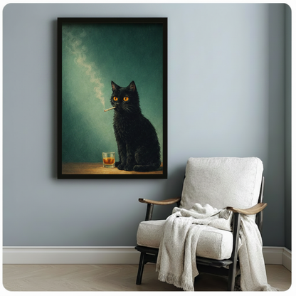 Black framed moody oil painting black cat with whiskey and cigarette canvas art showing a fluffy disheveled black cat with vivid glowing amber orange eyes sitting with a smoldering cigarette dangling from its mouth and a glass of golden whiskey beside it with a thin smoke curl drifting upward against a deep atmospheric teal green oil-painted background, displayed beside a white linen wood-frame folding chair with a cream throw