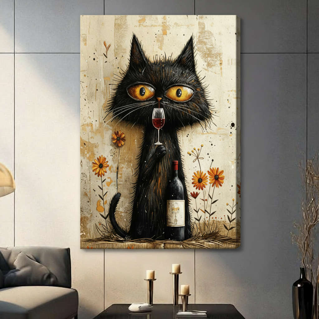 Whimsical folk art oil painting of a blasé unkempt black cat with oversized downward-gazing amber eyes sitting upright one paw raised to hold a red wine glass and the other clutching a wine bottle labeled with a black cat illustration surrounded by scattered orange daisy blooms thin botanical sketches and ink dot accents on an aged ivory parchment textured background relatable cat wine wall art stretched canvas in a living room with dark gray panel wall dark sofa and black vase