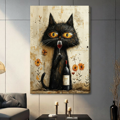 Whimsical folk art oil painting of a blasé unkempt black cat with oversized downward-gazing amber eyes sitting upright one paw raised to hold a red wine glass and the other clutching a wine bottle labeled with a black cat illustration surrounded by scattered orange daisy blooms thin botanical sketches and ink dot accents on an aged ivory parchment textured background relatable cat wine wall art stretched canvas in a living room with dark gray panel wall dark sofa and black vase