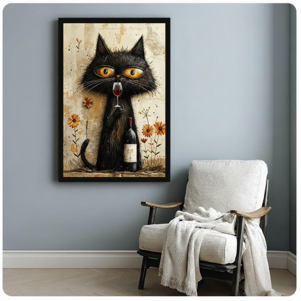 Whimsical folk art oil painting of a deadpan shaggy black cat with enormous amber eyes seated upright holding a red wine glass in one raised paw and clutching a wine bottle with a cat-label against the other paw surrounded by orange daisy wildflowers fine twig line work and ink splatters on an aged ivory paper background funny cat wine wall art framed print beside a white linen armchair on a blue-gray wall