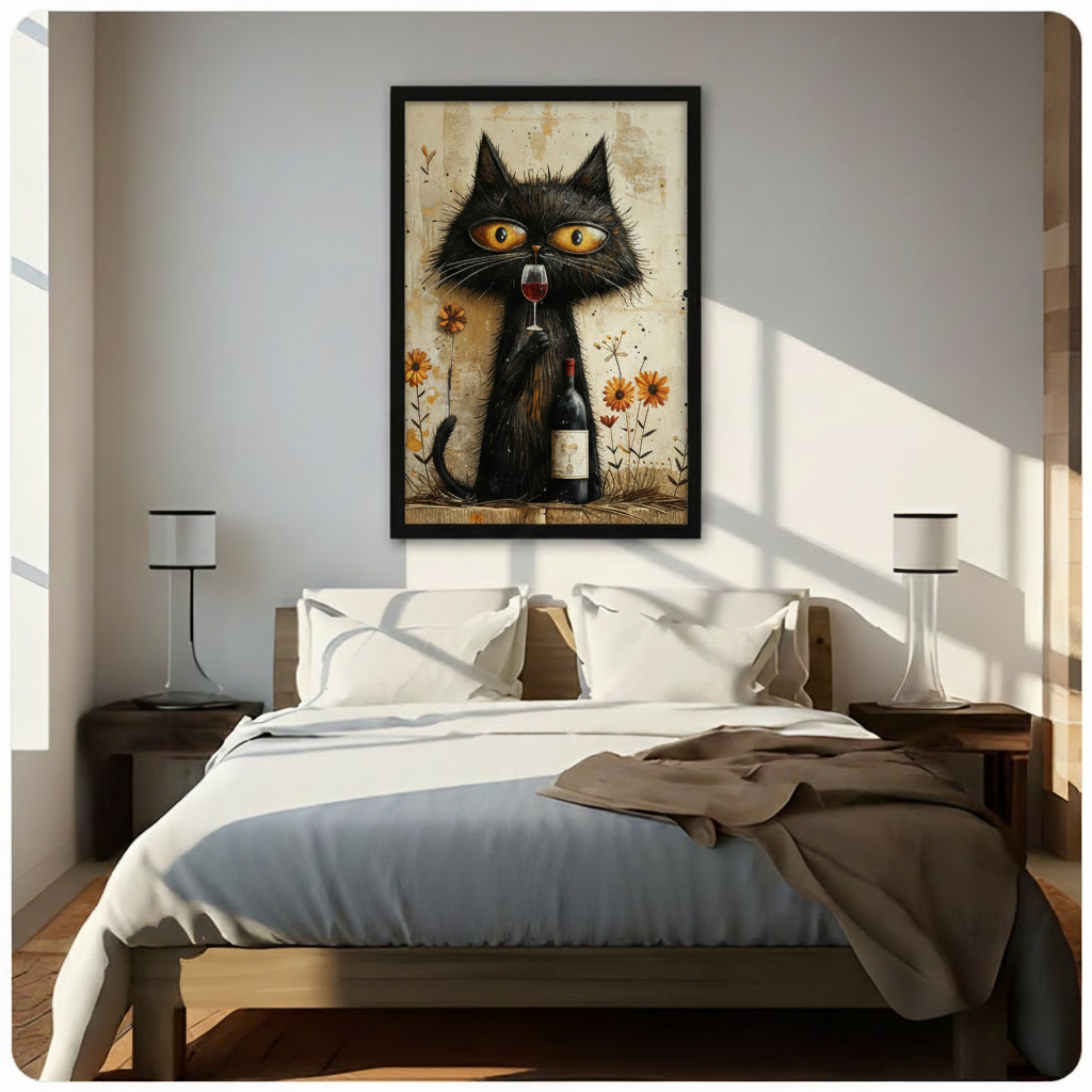 Whimsical folk art oil painting of a nonchalant fluffy black cat with heavy-lidded amber eyes sitting upright with one paw raised to hold a glass of red wine and the other pressing down on a cat-labeled wine bottle amid scattered orange wildflower daisies dry twigs and ink dot splatters on a warm textured ivory background quirky cat wine wall art framed print above a bedroom with white linen bedding and dark wood bedside tables