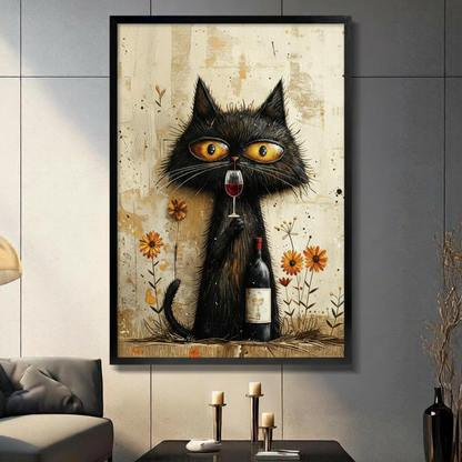 Whimsical folk art oil painting of a stoic shaggy black cat with large droopy amber eyes perched upright one paw lifting a half-filled red wine glass and the other securing a wine bottle with a cat motif label at its feet with wild grass and dry twigs framed by orange daisy wildflowers fine botanical line drawings and ink splatter marks on a warm distressed ivory paper texture humorous cat wine wall art framed print in a living room with dark gray panel wall dark sofa and black vase