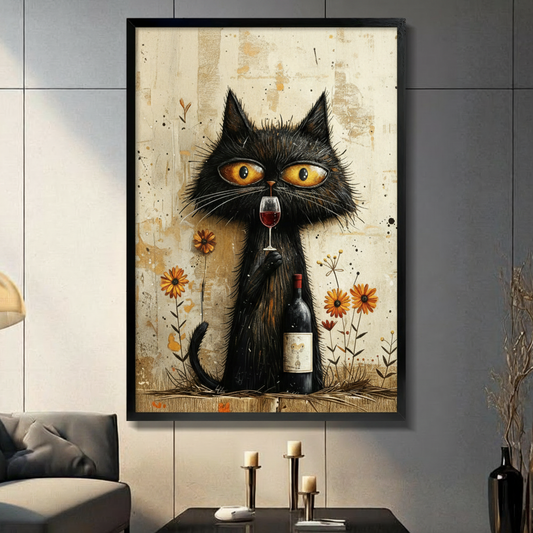 Whimsical folk art oil painting of a stoic shaggy black cat with large droopy amber eyes perched upright one paw lifting a half-filled red wine glass and the other securing a wine bottle with a cat motif label at its feet with wild grass and dry twigs framed by orange daisy wildflowers fine botanical line drawings and ink splatter marks on a warm distressed ivory paper texture humorous cat wine wall art framed print in a living room with dark gray panel wall dark sofa and black vase