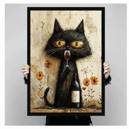 Whimsical folk art oil painting of an indifferent disheveled black cat with oversized glowing amber eyes seated and holding a stemmed red wine glass aloft while resting a paw on a wine bottle bearing a black cat illustration label surrounded by orange daisy florals delicate branch line work and scattered ink drops on a vintage aged parchment background witty cat wall art framed print held against a light gray background
