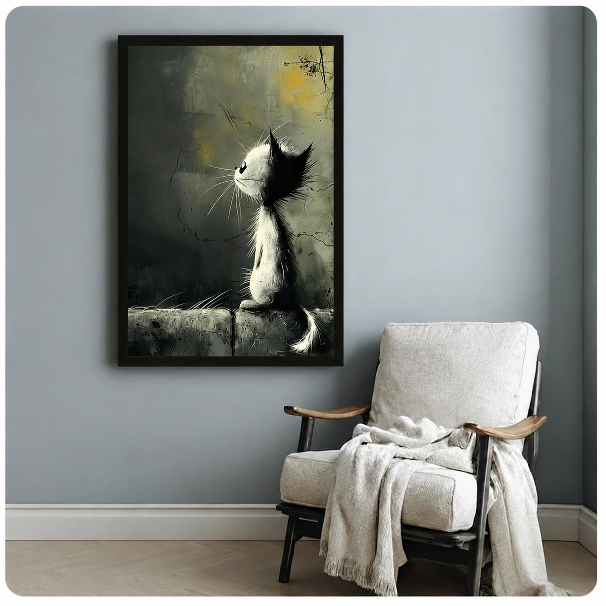 Expressive gothic cat on stone ledge with dark textured background canvas art in black frame, hung on blue-grey wall beside white armchair in cozy modern room