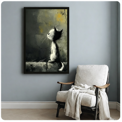 Expressive gothic cat on stone ledge with dark textured background canvas art in black frame, hung on blue-grey wall beside white armchair in cozy modern room
