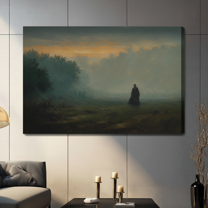 Gallery-wrapped canvas print featuring a solitary dark figure in a foggy green field beneath a dramatic amber horizon, hung in a contemporary living space