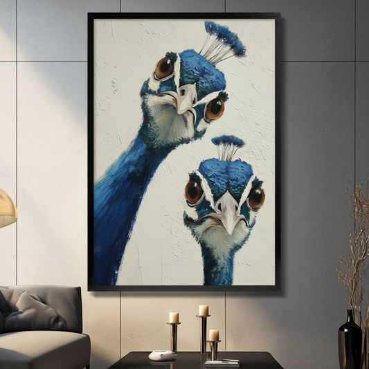 Moody peacock duo oil painting canvas wall art in black frame, displayed above console table in modern living room with candle decor