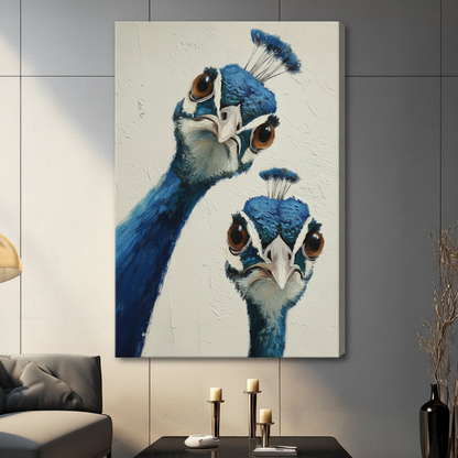 Two expressive blue peacocks stretched canvas print hanging in contemporary living room, impasto oil painting style with cobalt and ivory tones