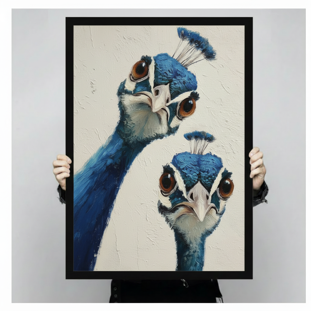 Two expressive blue peacocks stretched canvas print hanging in contemporary living room, impasto oil painting style with cobalt and ivory tones