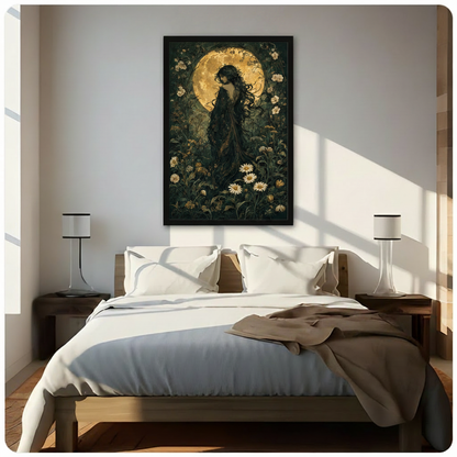Atmospheric dark romantic oil painting of a mysterious woman in flowing black robes surrounded by moonlit wildflowers daisies and tangled vines beneath a radiant amber moon on a deep green background dark botanical moon goddess wall art framed print above a bedroom with white linen bedding dark wood bed frame and white table lamps