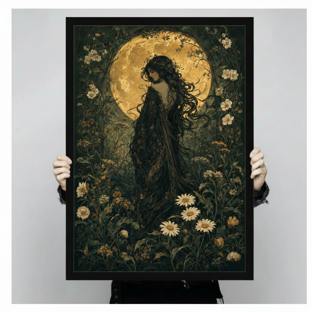 Gothic Art Nouveau painting of a dark-haired woman draped in a black cloak standing amid blooming daisies and wild herbs beneath a glowing golden full moon with arching branches dark feminine botanical wall art framed print held against a light gray background
