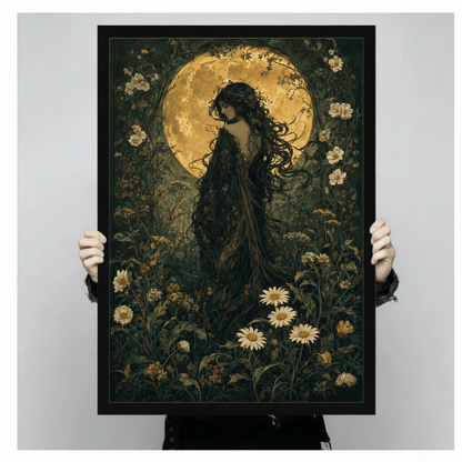 Gothic Art Nouveau painting of a dark-haired woman draped in a black cloak standing amid blooming daisies and wild herbs beneath a glowing golden full moon with arching branches dark feminine botanical wall art framed print held against a light gray background
