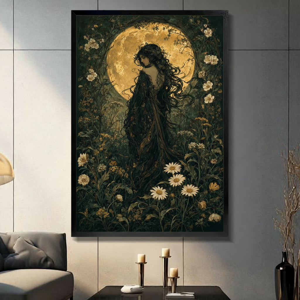 Dark romantic illustration of a woman in a flowing black robe standing among lush wildflowers and daisies beneath a glowing amber full moon with tangled branches forming a natural arch dark feminine botanical wall art framed print in a living room with dark gray panel wall sofa candle holders and black vase