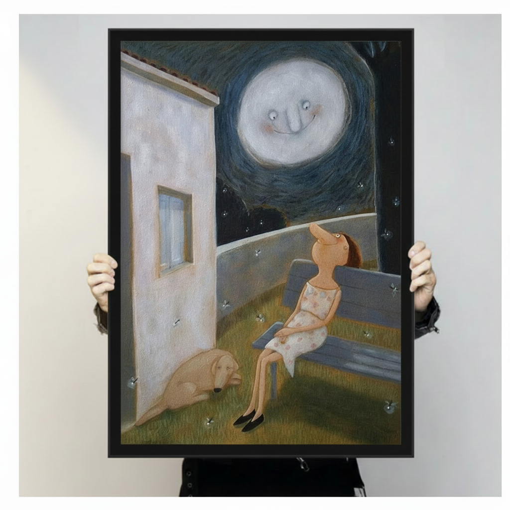 Girl and dog under smiling moon framed art print – whimsical night scene illustration – premium fantasy wall art print gift for home decor lovers