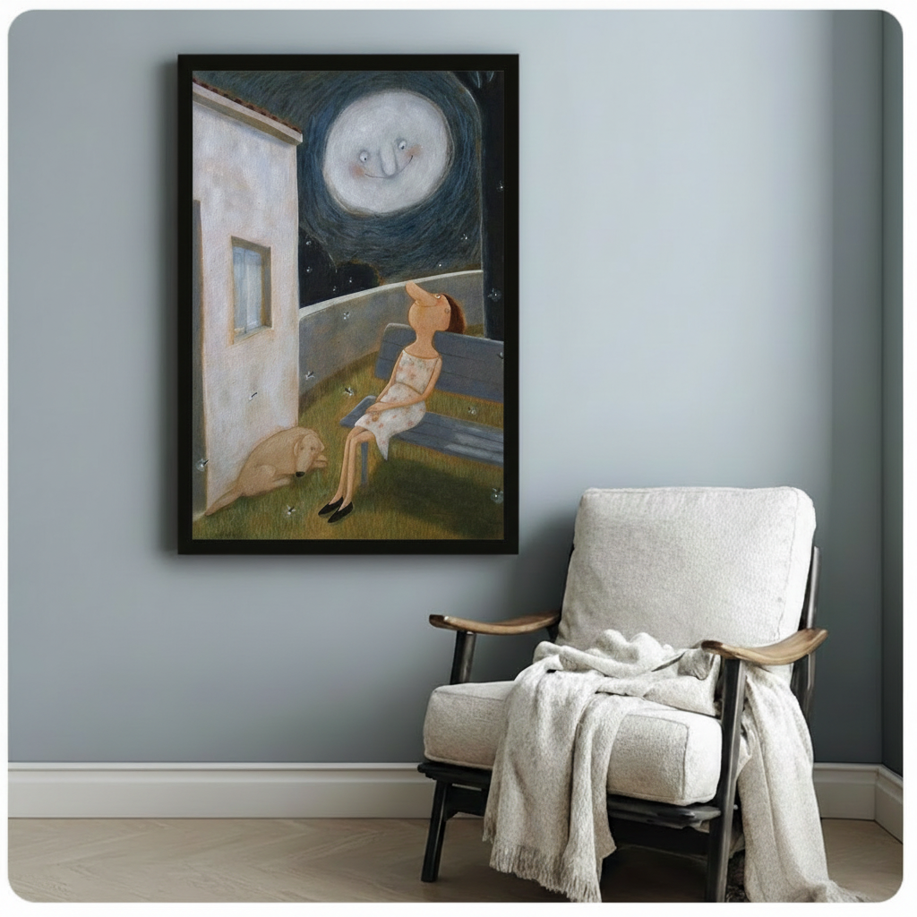 Black framed moon night wall art print – whimsical girl sitting on bench with dog under smiling moon – dreamy fantasy art for reading nook or living room decor