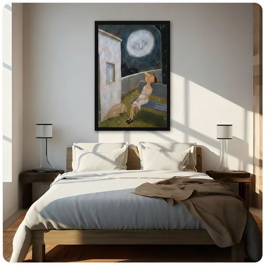 Dreamy moon night framed wall art above bed – girl gazing at smiling moon with sleeping dog – whimsical bedroom wall decor in black frame