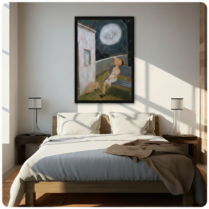 Dreamy moon night framed wall art above bed – girl gazing at smiling moon with sleeping dog – whimsical bedroom wall decor in black frame