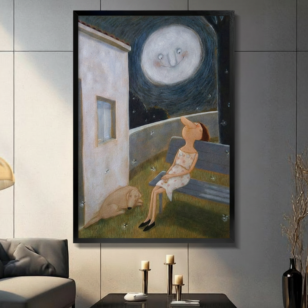 Black float-framed canvas night scene wall art – smiling moon with girl and dog illustration – dreamy fantasy canvas print for contemporary living room or bedroom