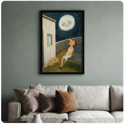 Whimsical girl and dog night scene art print hanging above sofa – black framed fantasy moon illustration – living room wall art with earthy tones