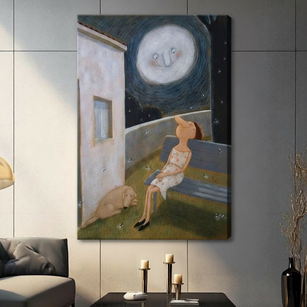 Moon night canvas wall art – unframed canvas wrap with girl on bench and sleeping dog under glowing moon – large whimsical art print for modern home decor