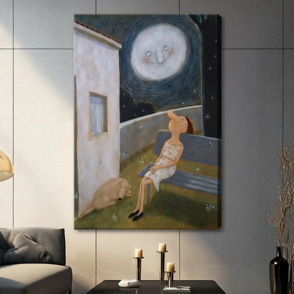 Moon night canvas wall art – unframed canvas wrap with girl on bench and sleeping dog under glowing moon – large whimsical art print for modern home decor