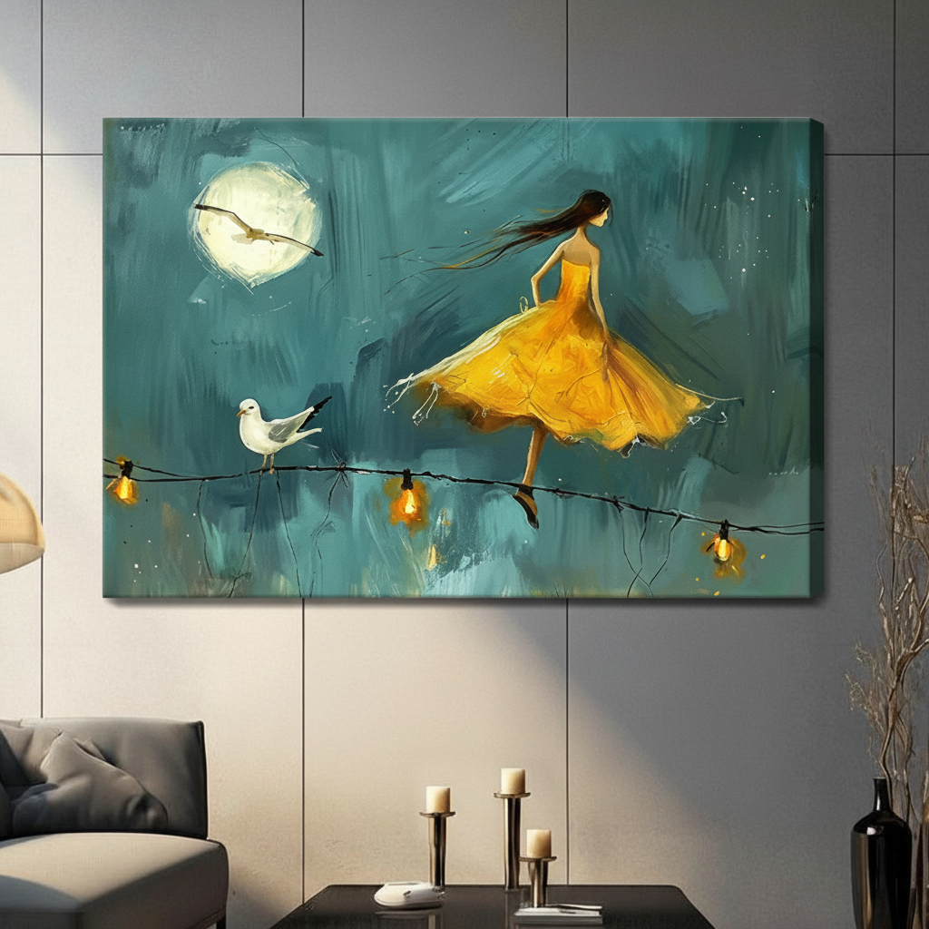 Gallery wrap stretched canvas of a dreamy yellow dress girl balancing on string lights under a full moon with a white seagull, hung frameless on a dark gray wall above candlestick holders