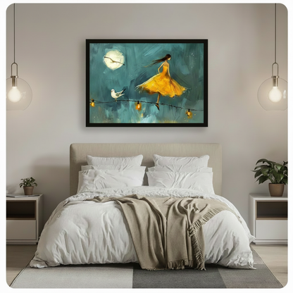 Black framed dreamy moonlight girl in yellow dress canvas wall art hung above a beige upholstered bed with white linen bedding in a serene bedroom with glass globe pendant lights and green plants