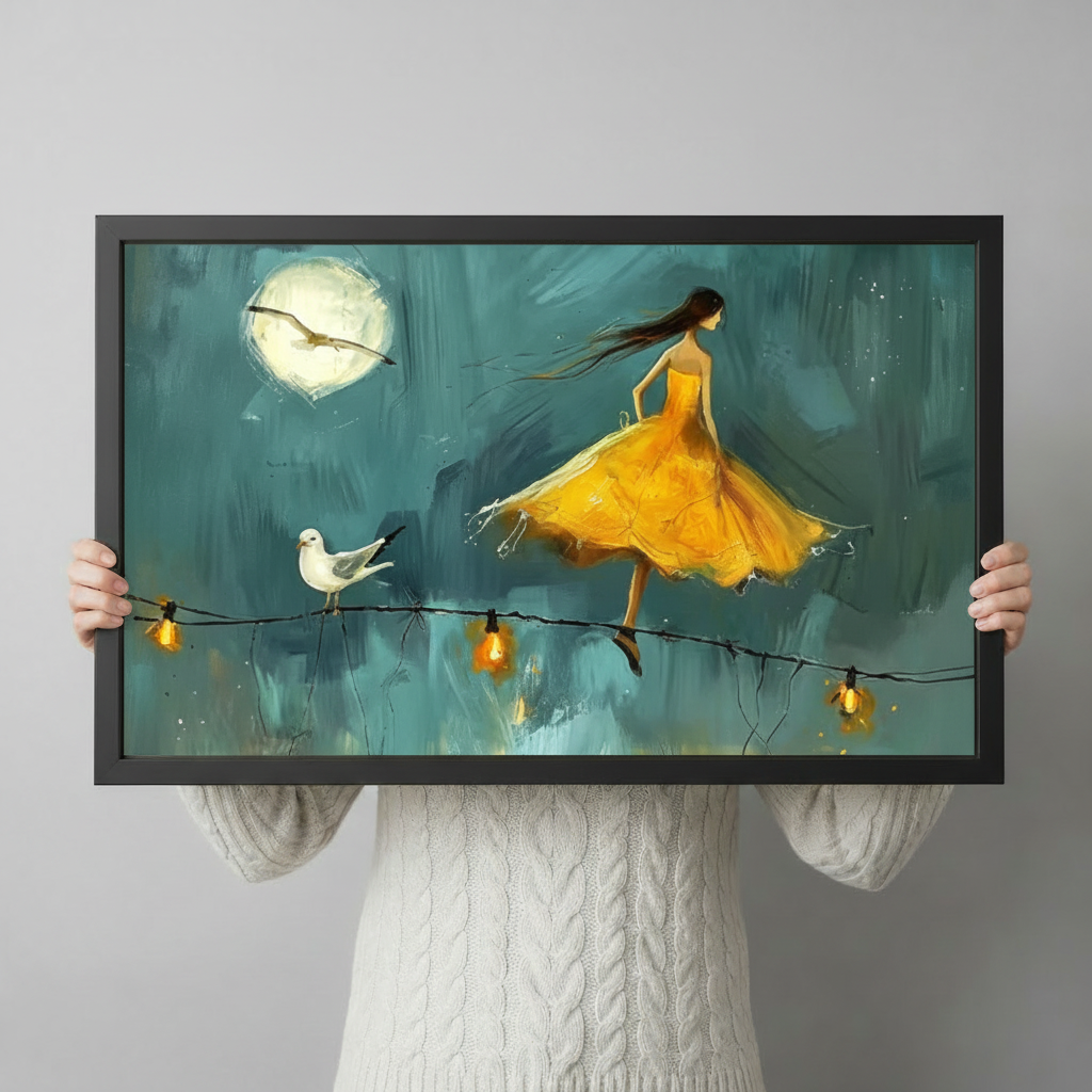 Person in white knit sweater holding a large black framed moonlight girl and seagull romantic oil painting canvas art print against a neutral gray background, horizontal product size display