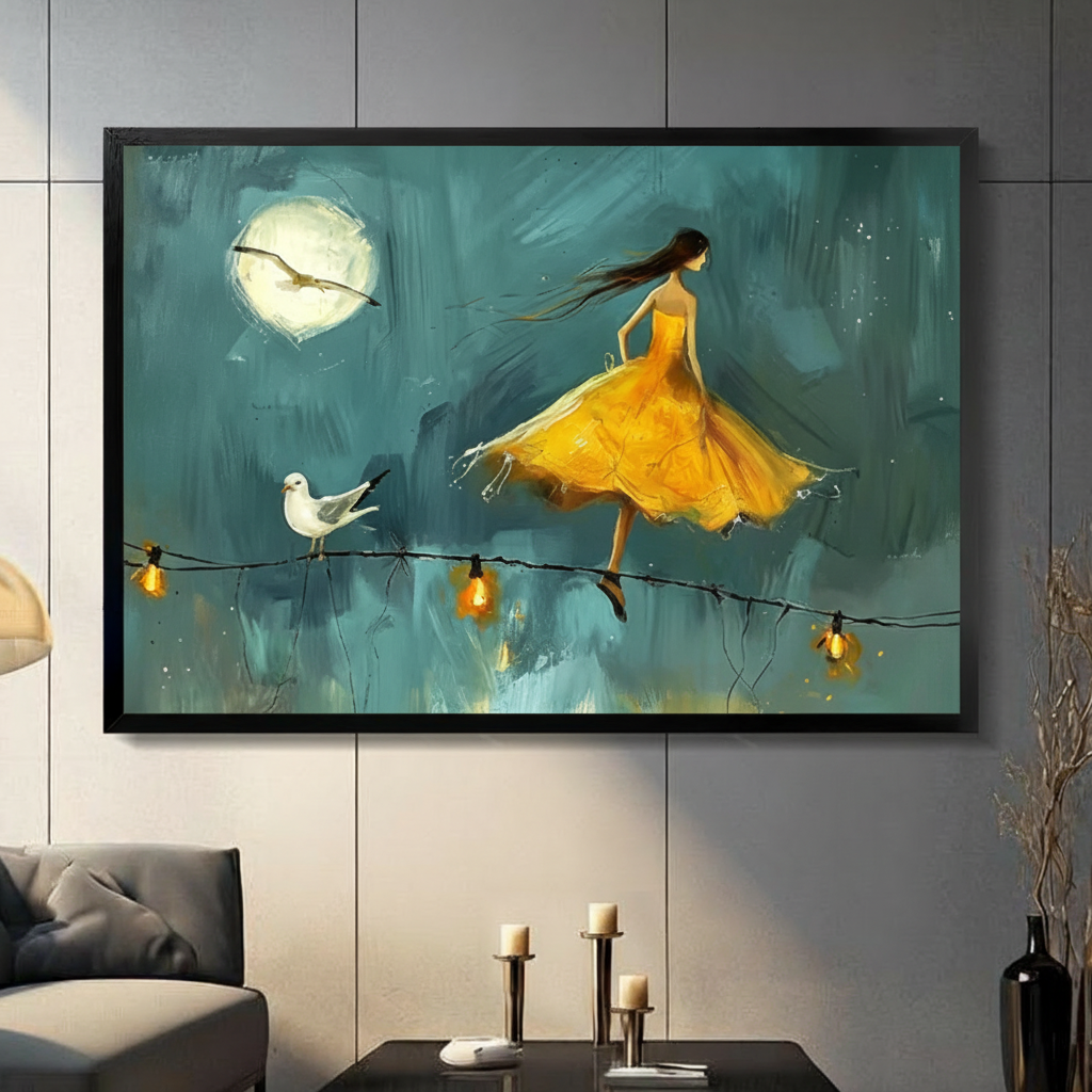 Black framed moonlight dancing girl and seagull oil painting canvas wall art with teal blue brushstroke background displayed in a modern dark gray living room with candlesticks and black vase
