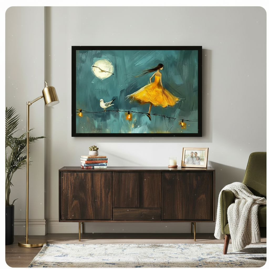 Black framed romantic moonlight girl and seagull oil painting canvas hung above a dark walnut sideboard with stacked books and photo frame in a modern living room with gold floor lamp and olive green chair