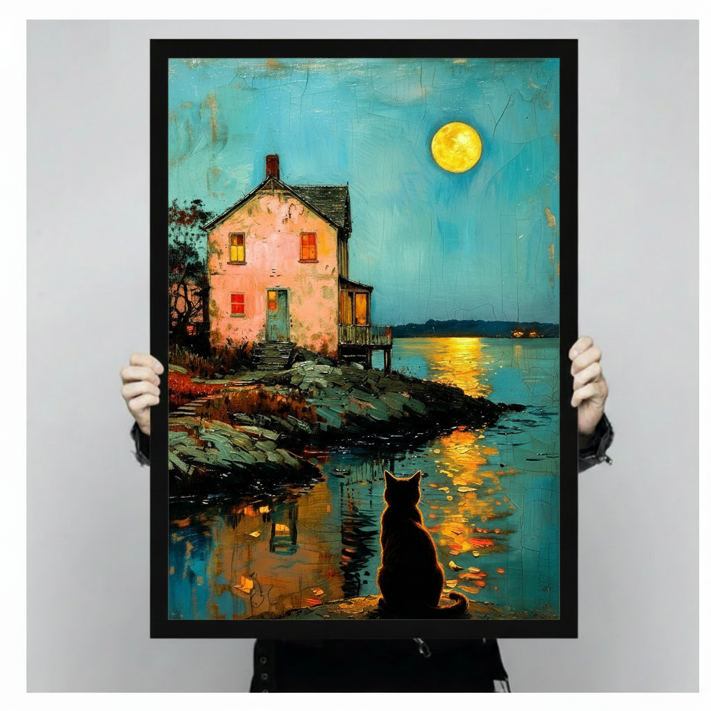 moonlit black cat cottage oil painting framed canvas hands holding size display teal impressionist wall art