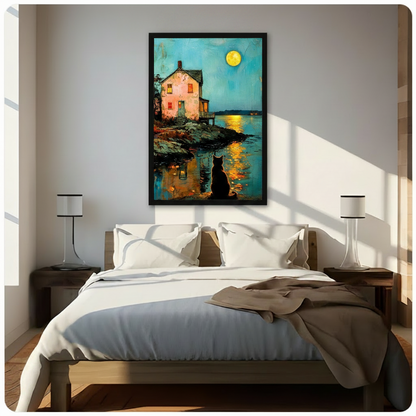 black cat moonlight lake cottage framed canvas above bed bedroom nightstand lamps warm light teal wall art