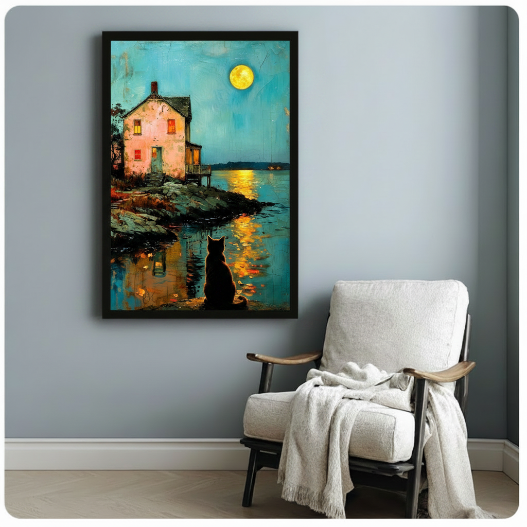 moonlit cat lakeside cottage framed canvas black frame gray wall white armchair cozy reading nook nature art