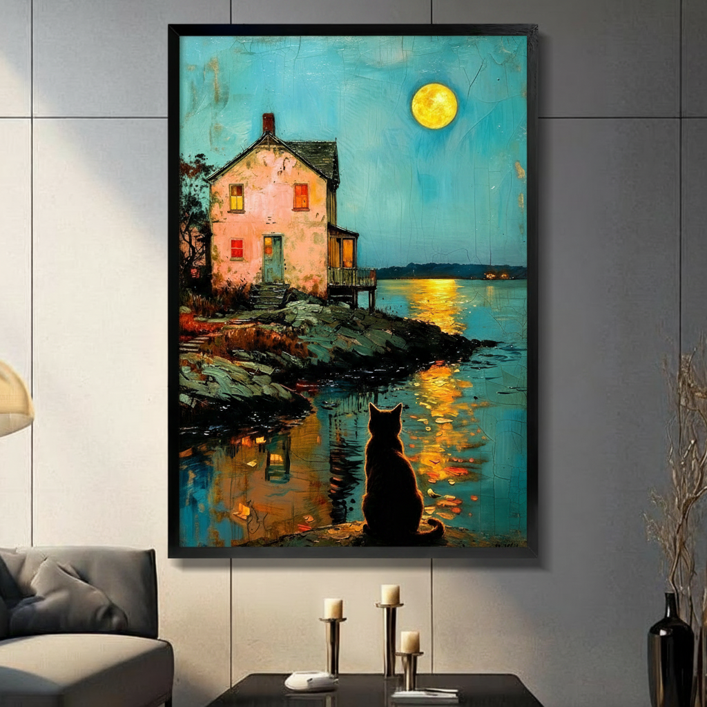 moonlit black cat lakeside cottage framed canvas wall art teal gold impressionist living room dark console