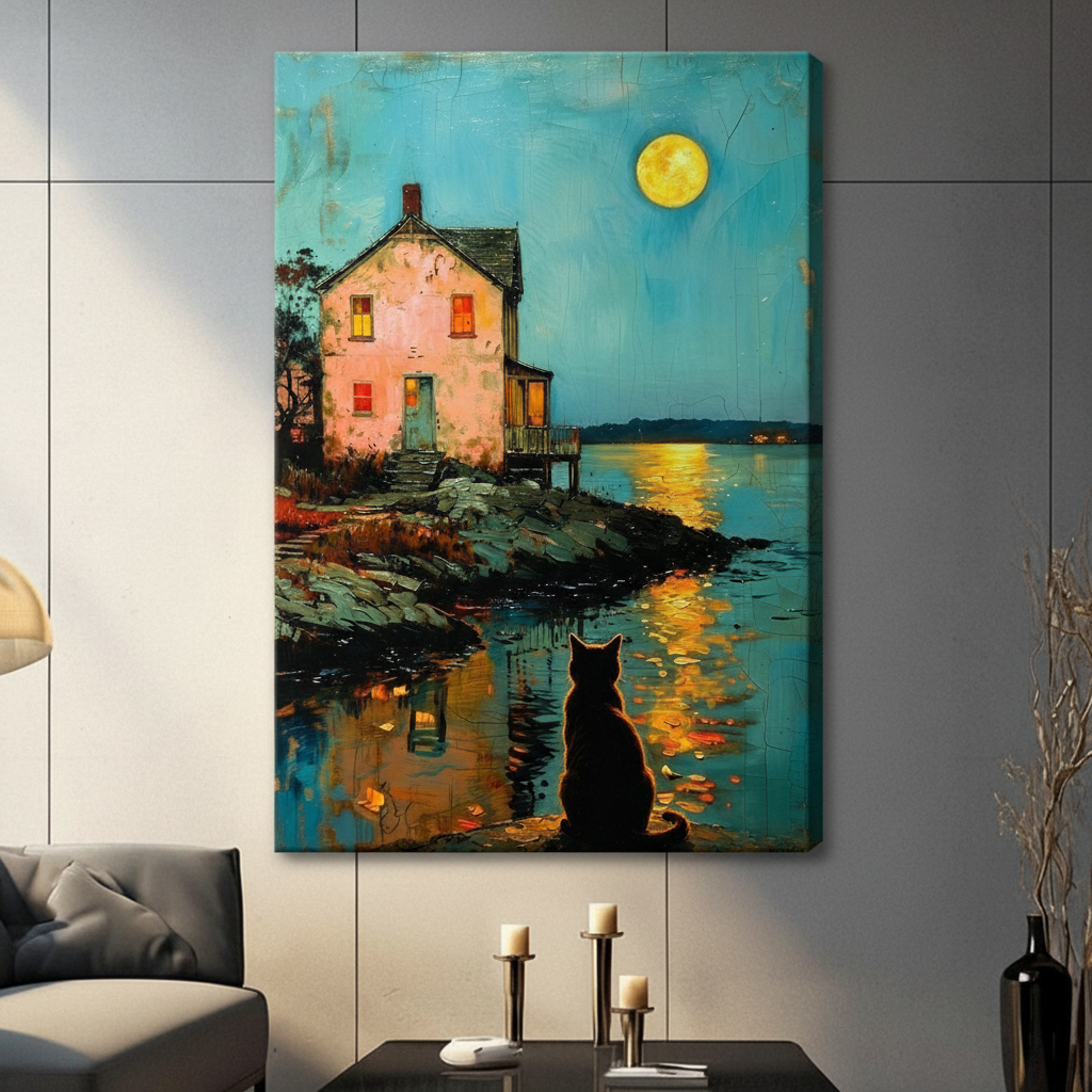 black cat moonlight lake cottage stretched canvas no frame teal wall candle holders eclectic living room decor