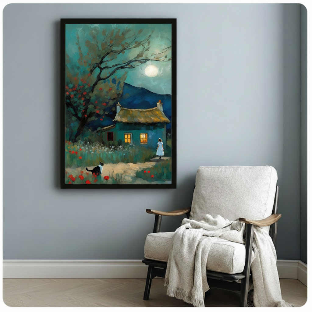 Framed impressionist moonlit cottage wall art beside wooden accent chair with throw blanket - teal night landscape with black cat and wildflowers for reading nook decor