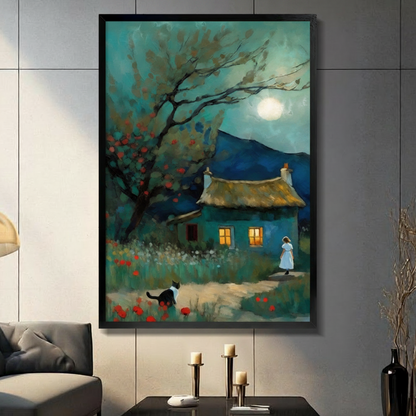 Impressionist moonlit thatched cottage with girl in white dress and black cat among red poppies framed wall art - teal night landscape canvas print for living room decor