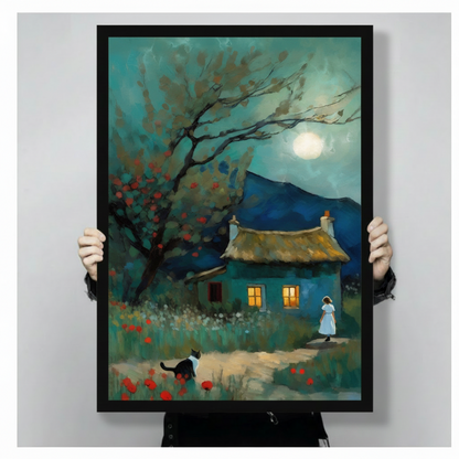 Hands holding large framed moonlit cottage canvas print - full artwork detail of impressionist night scene with girl in white dress black cat red poppies and glowing thatched roof