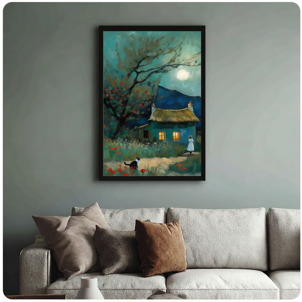 Moonlit thatched cottage framed art print above cream linen sofa on sage grey wall - romantic impressionist night scene canvas with girl cat and red poppies