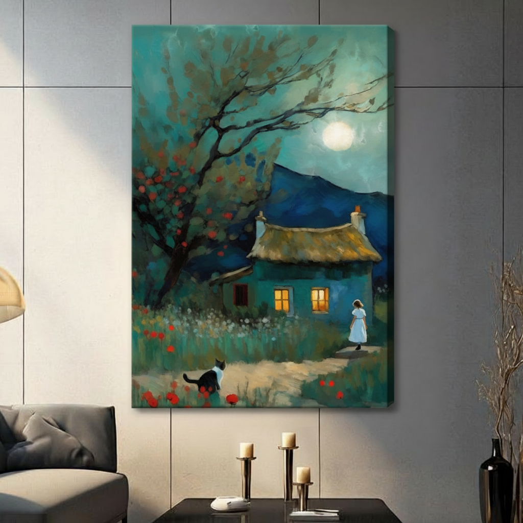 Unframed moonlit cottage girl and cat canvas print - atmospheric impressionist oil painting with glowing windows red wildflowers and full moon for modern home decor