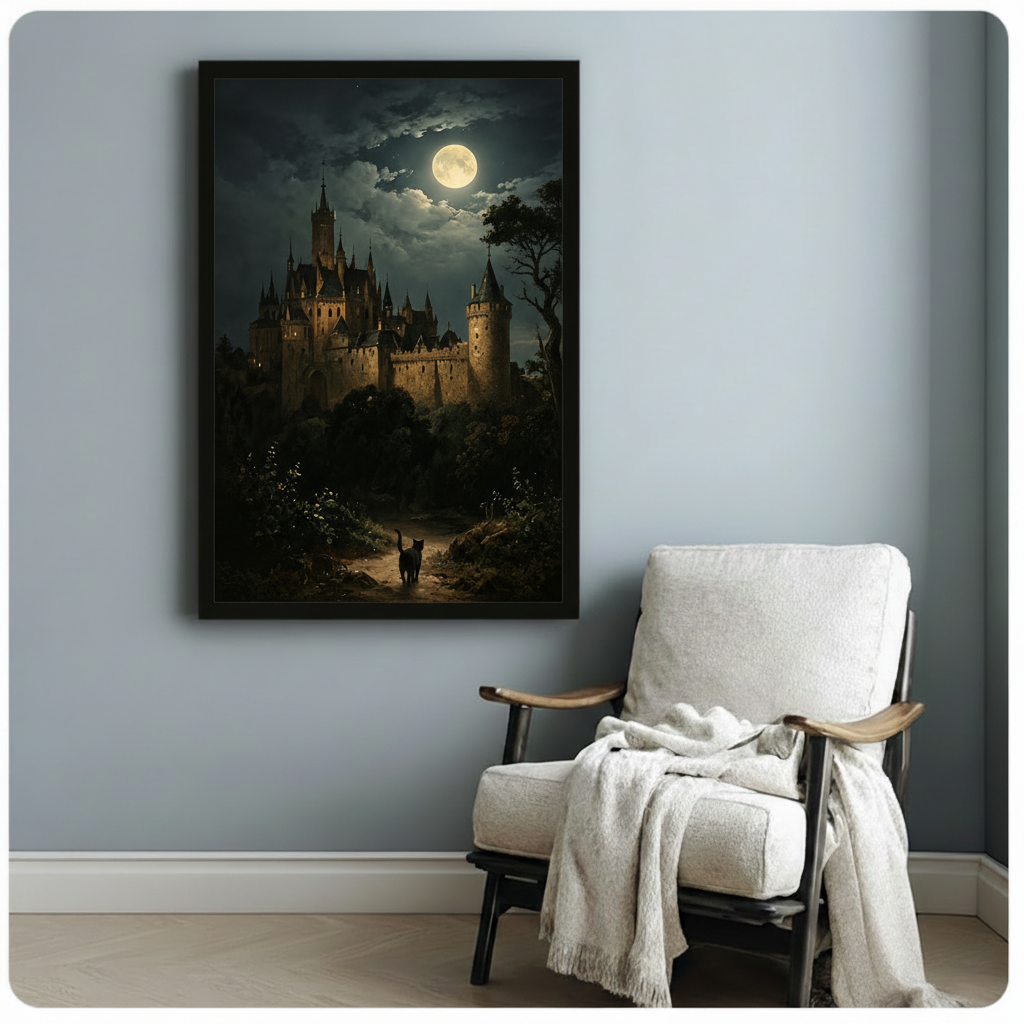 Framed moonlit gothic castle art print with a black cat on a winding path, hung above a cozy armchair in a blue-grey room