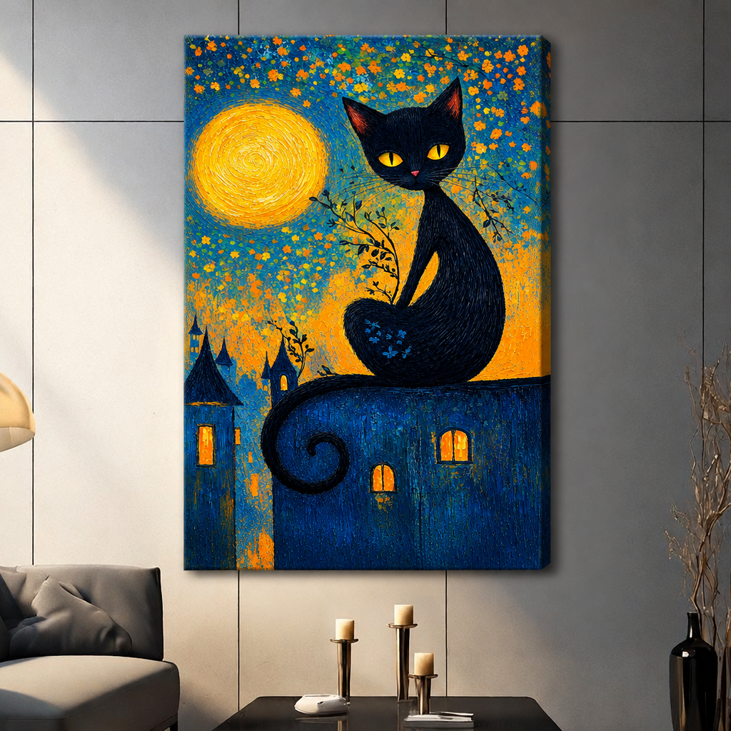 Van Gogh style oil painting of a black cat with glowing yellow eyes sitting on a rooftop under a swirling full moon with orange floral sky and glowing castle windows gothic cat wall art stretched canvas dark panel wall living room