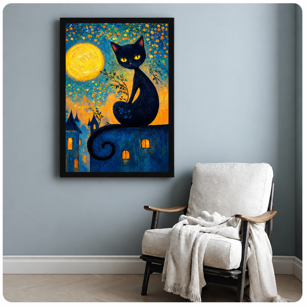 Van Gogh style oil painting of a black cat with glowing yellow eyes sitting on a rooftop under a swirling full moon with orange floral sky and glowing castle windows gothic cat wall art framed print beside armchair blue-gray wall