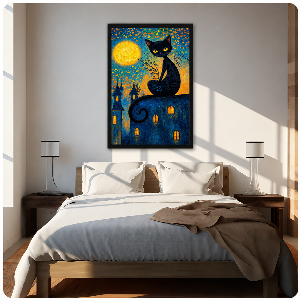 Van Gogh style oil painting of a black cat with glowing yellow eyes sitting on a rooftop under a swirling full moon with orange floral sky and glowing castle windows gothic cat wall art framed print above bed sunlit bedroom